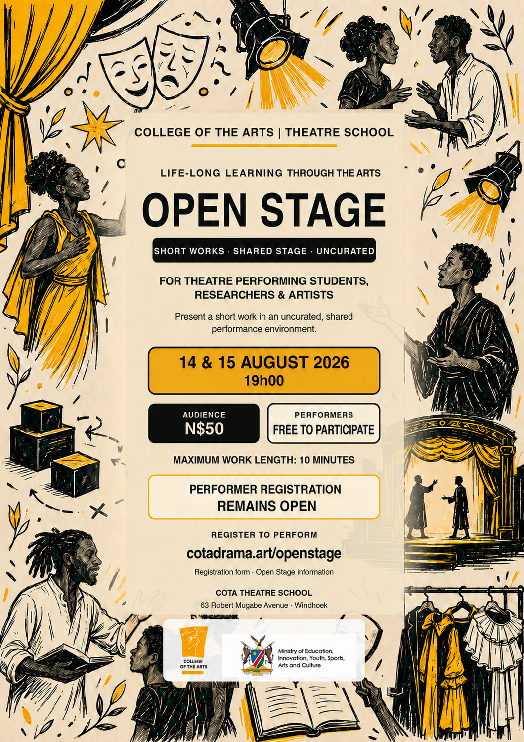 Open Stage performer call poster for 14 and 15 August 2026 at COTA Theatre School